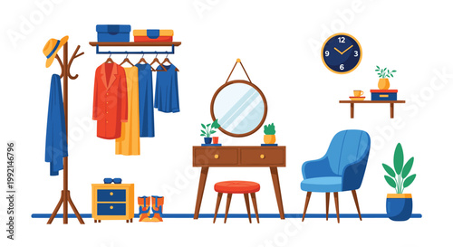 Interior view of a cozy dressing room or entryway featuring a vanity table, mirror, clothes rack, and decorative plants.