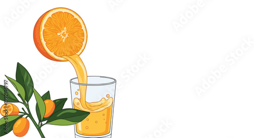 Fresh orange juice pouring from a halved orange directly into a glass, surrounded by orange branches and fruit.