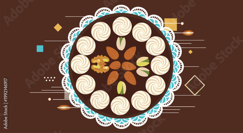 Top view of delicious round chocolate cake decorated with creamy swirls and a selection of wholesome nuts like almonds and pistachios.