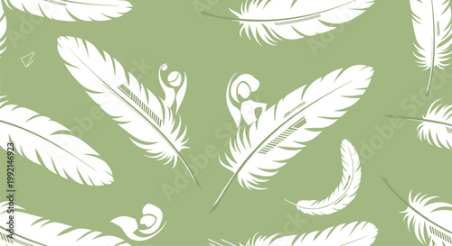 Seamless pattern with delicate white feathers and tiny human figures engaged in sports activities on a soft green background.