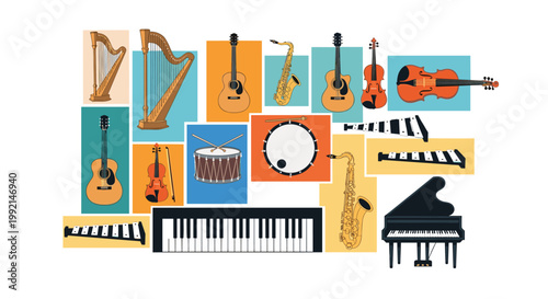 Colorful collage of musical instruments featuring harps guitars violins drums and pianos arranged in a creative grid of color blocks.