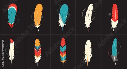 Set of ten stylized bird feathers with intricate tribal patterns and vibrant colors displayed on a dark background for design.