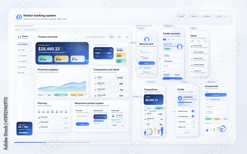 Responsive banking dashboard and mobile app screen suite with finance analytics, onboarding, transactions, alerts, and profile interface