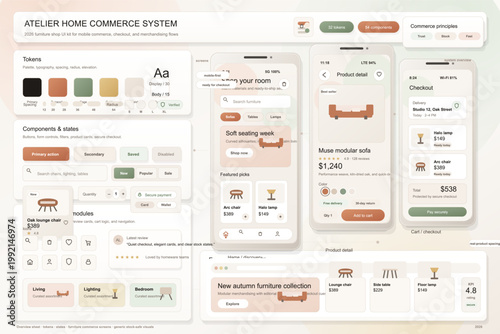 Home furniture ecommerce mobile app interface kit with product browsing, detail, cart, checkout, and design system screens in warm neutral tones