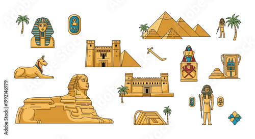Extensive set of ancient Egyptian cultural icons including pyramids sphinx pharaohs hieroglyphs and historical monuments in gold.