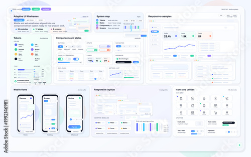 Adaptive UI wireframe kit with responsive web and mobile layouts, design tokens, component states, icon grid, and clean dashboard examples