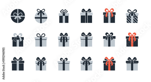 Large grid of gift box icons in various shapes and sizes featuring ribbons and bows with a few highlighted in bright red color.