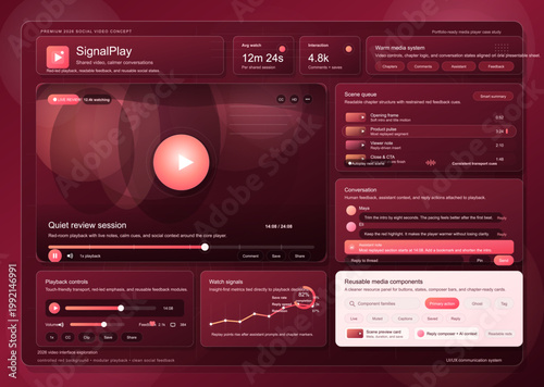 Red social video dashboard interface with playback controls, conversation panel, scene queue, analytics widgets, and reusable media components