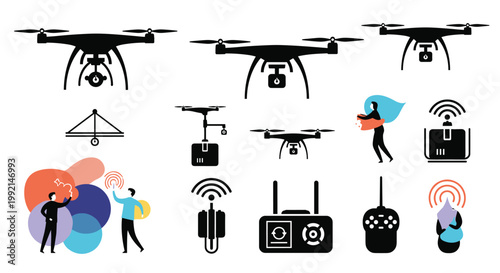 Diverse collection of drone icons showing different quadcopter models delivery scenarios remote controls and flying professionals.