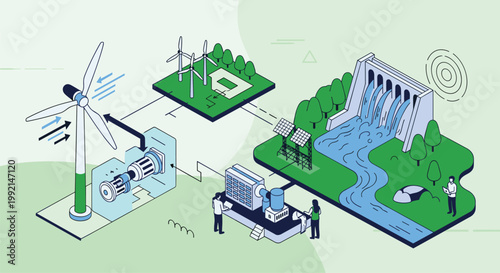 Isometric overview of a renewable energy power plant combining wind turbines solar panels and a hydroelectric dam with workers.