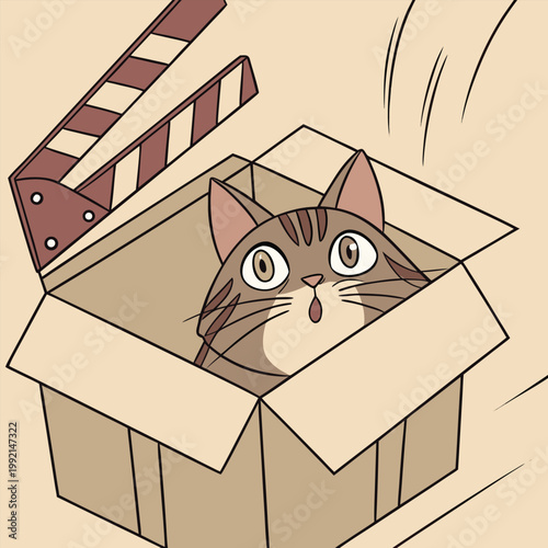 Surprised striped cat peeking out of a cardboard box with wide eyed surprised clapperboard illustration expression cardboard character
