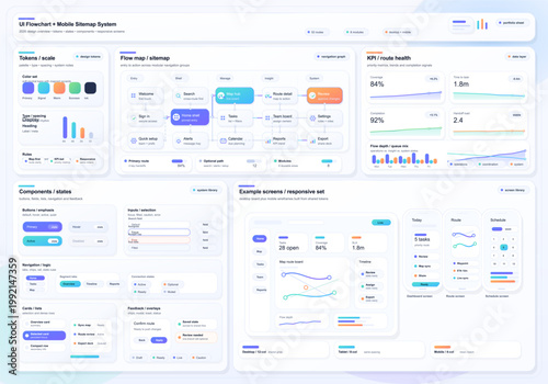 Modern UI flowchart and mobile app sitemap dashboard with design system panels, analytics charts, and minimal wireframe screen layouts.