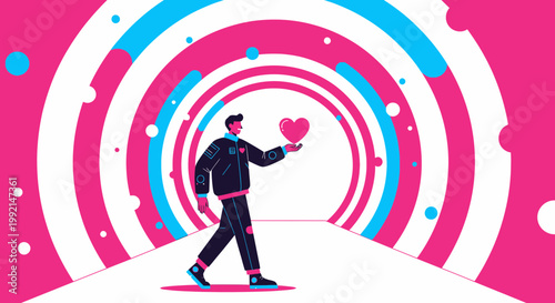 Man Holding Abstract Heart in Colorful Tunnel, Love Concept