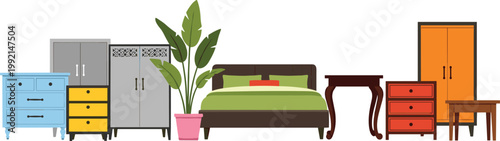 Bedroom Furniture Collection Set with Bed, Wardrobe, Cabinet, Drawer, Table, and Indoor Plant for Interior Design, Home Decor, and Living Space Illustration
