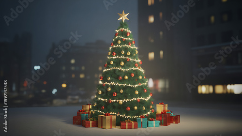 christmas tree with presents on snowy city street at night