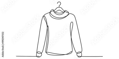 Minimalist one line art illustration of a cozy winter sweater hanging on a simple clothes hanger. Vector, illustration