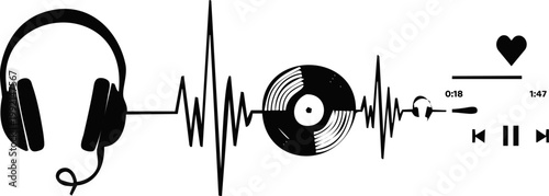 Music heartbeat concept with headphones and vinyl record, audio wave pulse, love for music, media player interface elements, an handdrawn engraving art style illustration