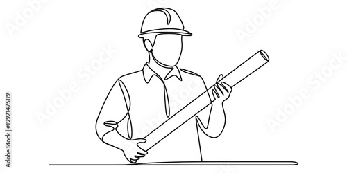 Continuous line drawing of a professional architect wearing a hard hat and holding a blueprint Vector, illustration