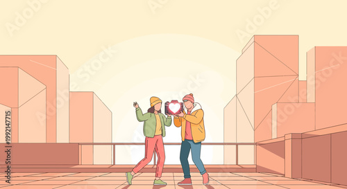 Couple holding heart shape on rooftop with city skyline background