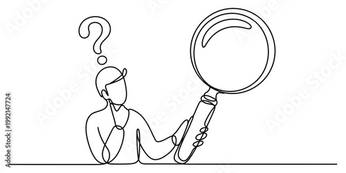 Minimalist continuous line art of a confused man holding a large magnifying glass for research Vector, illustration