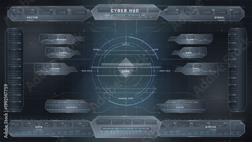 Futuristic cyber HUD interface set with metallic panels, circular dashboard core, blue neon lines, and sci-fi control screen UI elements.