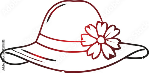 Red and white sun hat with flower decoration, side view