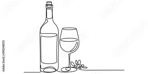 Minimalist one line art illustration of a wine bottle and glass on a white background. Vector, illustration