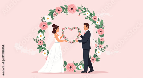 Couple holding heart wreath, wedding, love, romance, floral decoration