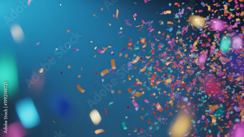 Colorful confetti falling against a blue background with bokeh lights