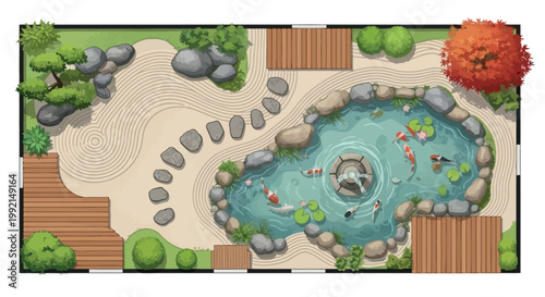 An aerial view of a serene Japanese garden with a pond and people swimming
