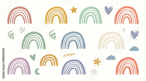 Hand Drawn Boho Rainbow Vector Collection with Hearts and Stars