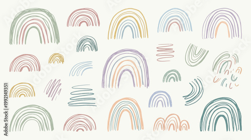 Boho Hand Drawn Rainbow Vector Set Pastel Abstract Shapes