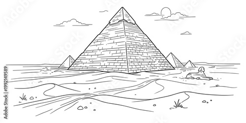 egyptian pyramids and sphinx monument in desert landscape.