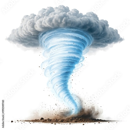 A powerful blue tornado forms on the ground with a large gray cloud above it on transparent background