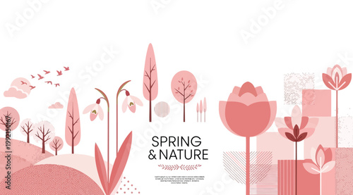 Spring and nature landscape with pink trees, flowers and birds