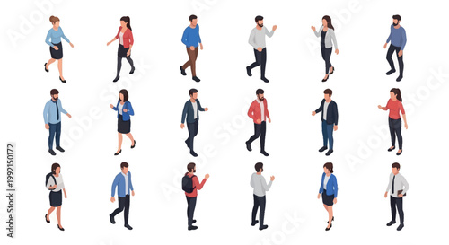 A diverse group of business people walking in various directions
