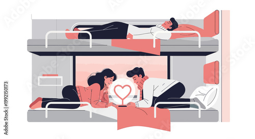 Couple in Bunk Beds with Glowing Heart Symbol, Romantic Travel Illustration