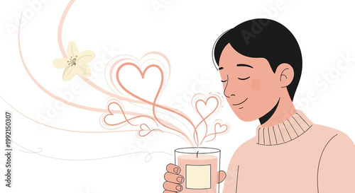 Man enjoying scented candle with hearts and flower, symbolizing love, relaxation, and aromatherapy