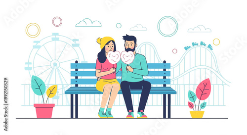 Couple holding sad masks at amusement park, emotional disconnect, relationship struggles