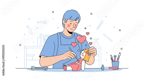 Man Fixing Toy Doll with Love, DIY Craft, Handmade Toy, Creative Hobby