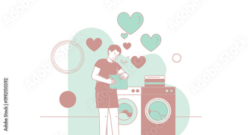 Man Folding Laundry Near Washing Machine with Hearts Floating Around