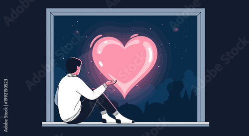 Man Gazing at Glowing Pink Heart in Night Sky Window, Loneliness, Love Concept