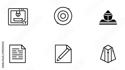 Design Icon Elements: A collection of concise design icons, perfect for representing concepts. The image showcases icons related to CAD, 3D printing and the design process.