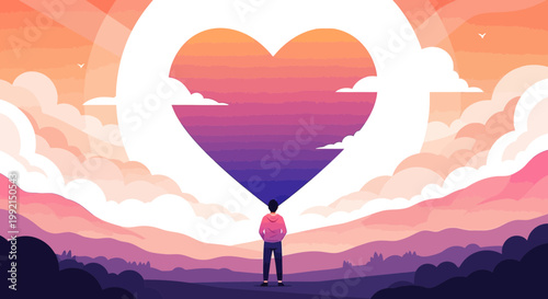 Man Gazing at Heart Sun Silhouette Over Mountain Landscape, Hope and Love Concept