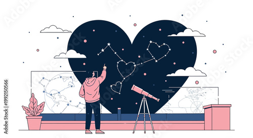 Man Gazing at Star Constellations Forming a Heart Shape in Night Sky