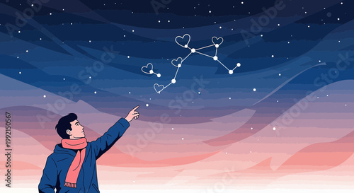 Man Gazing at Star Constellation of Hearts in Night Sky