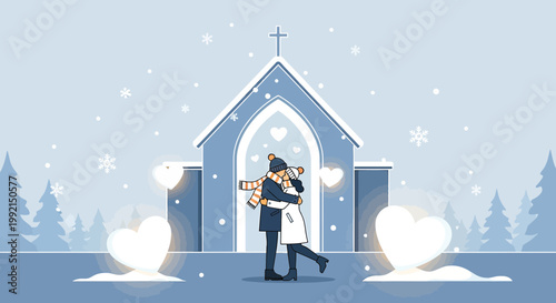 Couple Hugging in Winter Snow Outside Church with Heart Decorations