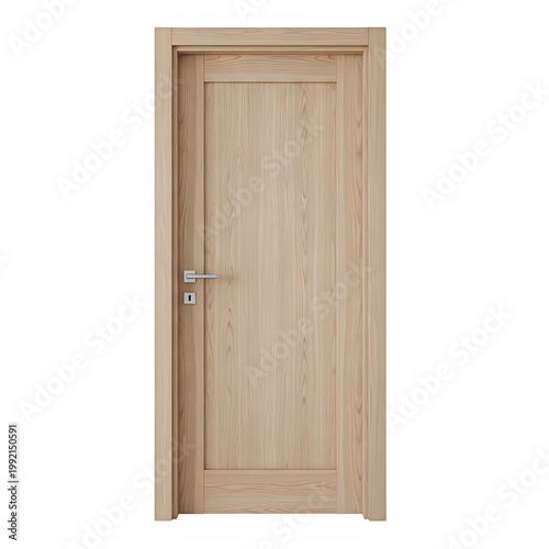 Light beige wooden interior door with vertical panel design and brass hardware