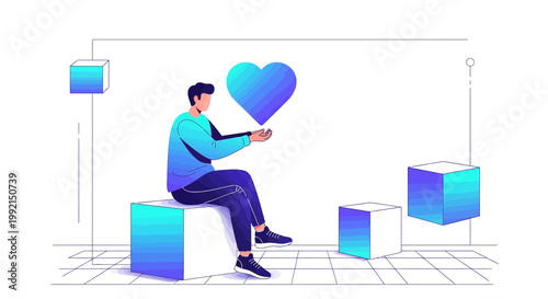 Man holding a glowing blue heart, surrounded by abstract geometric shapes and cubes, modern digital art concept.