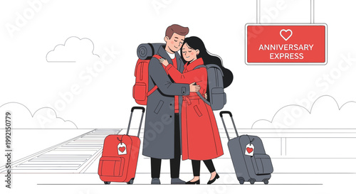 Couple Hugging with Luggage, Anniversary Express Sign, Love and Travel Concept